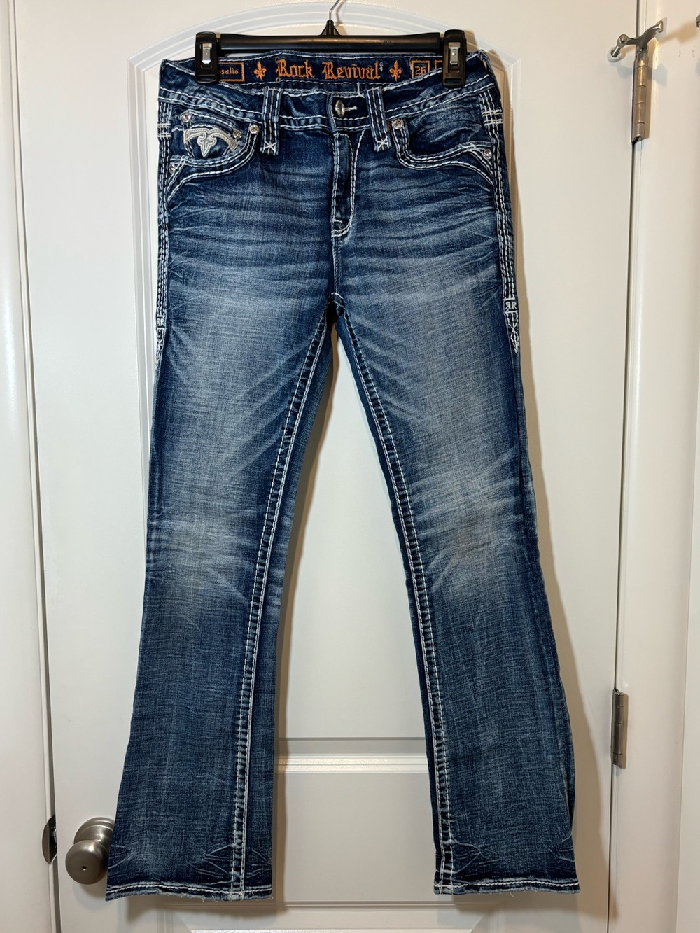 Rock Revival Women's Medium Blue Flare Jeans with Contrast Stitching